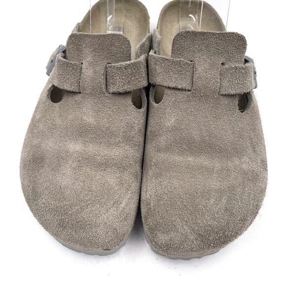 SOLD-Birkenstock Boston Mules Grey Suede Leather Soft Footbed Sz 39 / 8 NARROW - Picture 2 of 8